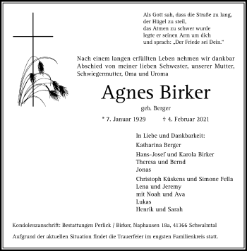 Traueranzeige von Agnes Birker von trauer.extra-tipp-moenchengladbach.de