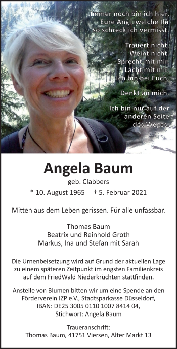 Traueranzeige von Angela Baum von trauer.extra-tipp-moenchengladbach.de