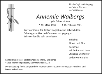 Traueranzeige von Annemie Walbergs von trauer.extra-tipp-moenchengladbach.de