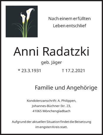 Traueranzeige von Anni Radatzki von trauer.extra-tipp-moenchengladbach.de