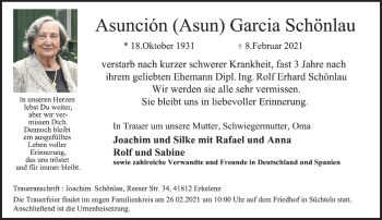 Traueranzeige von Asuncion Garcia Schönlau von trauer.extra-tipp-moenchengladbach.de