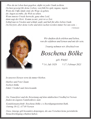 Traueranzeige von Boschena Bölke von trauer.extra-tipp-moenchengladbach.de