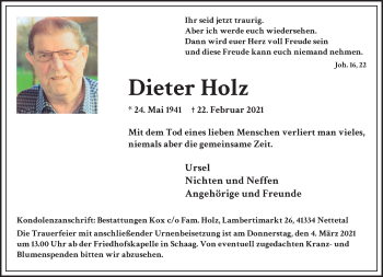 Traueranzeige von Dieter Holz von trauer.extra-tipp-moenchengladbach.de