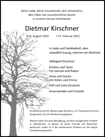Traueranzeige von Dietmar Kirschner von trauer.extra-tipp-moenchengladbach.de