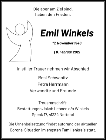 Traueranzeige von Emil Winkels von trauer.extra-tipp-moenchengladbach.de