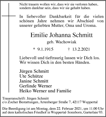 Traueranzeige von Emilie Johanna Schmitt von trauer.wuppertaler-rundschau.de