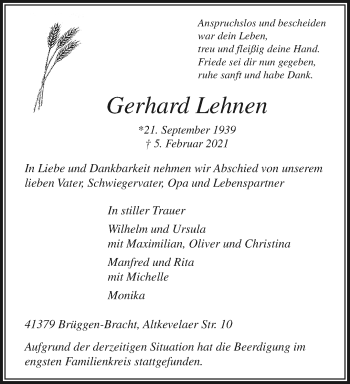 Traueranzeige von Gerhard Lehnen von trauer.extra-tipp-moenchengladbach.de
