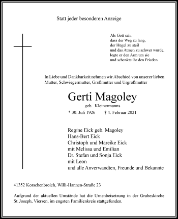 Traueranzeige von Gerti Magoley von trauer.extra-tipp-moenchengladbach.de
