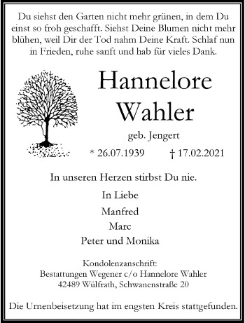 Traueranzeige von Hannelore Wahler von trauer.wuppertaler-rundschau.de