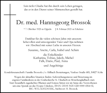 Traueranzeige von Hannsgeorg Brossok von trauer.extra-tipp-moenchengladbach.de