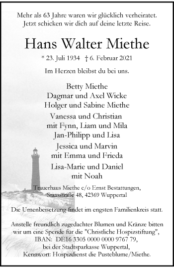 Traueranzeige von Hans Walter Miethe von trauer.wuppertaler-rundschau.de