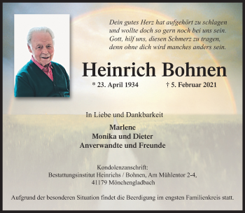 Traueranzeige von Heinrich Bohnen von trauer.extra-tipp-moenchengladbach.de