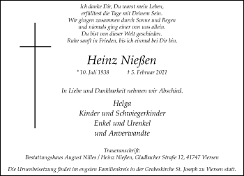 Traueranzeige von Heinz Nießen von trauer.extra-tipp-moenchengladbach.de