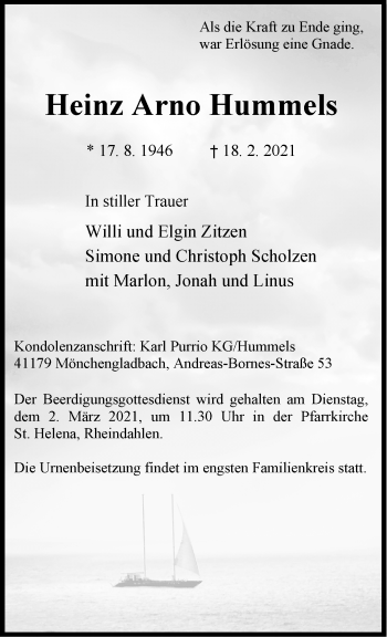 Traueranzeige von Heinz Arno Hummels von trauer.extra-tipp-moenchengladbach.de