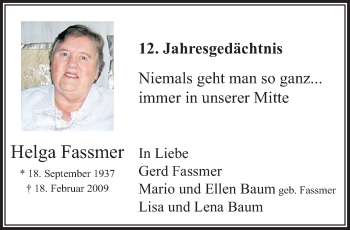Traueranzeige von Helga Fassmer von trauer.extra-tipp-moenchengladbach.de