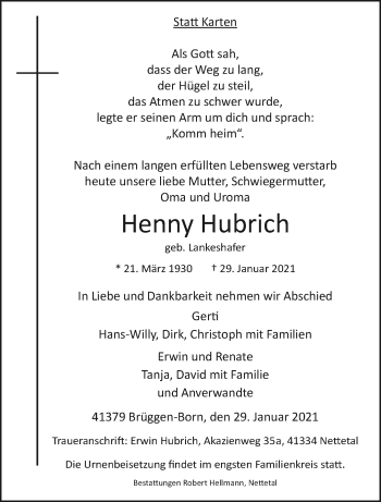 Traueranzeige von Henny Hubrich von trauer.extra-tipp-moenchengladbach.de