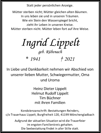 Traueranzeige von Ingrid Lippelt von trauer.extra-tipp-moenchengladbach.de