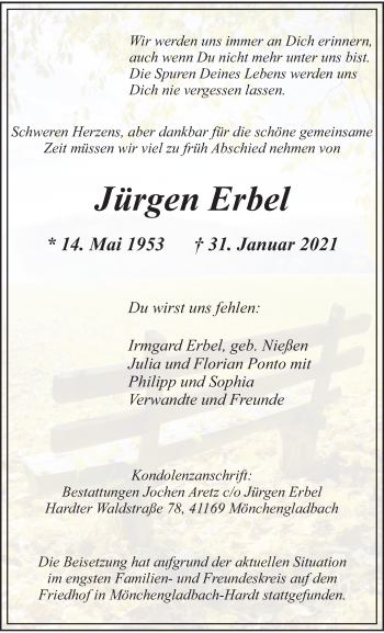 Traueranzeige von Jürgen Erbel von trauer.extra-tipp-moenchengladbach.de