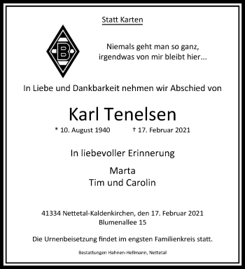 Traueranzeige von Karl Tenelsen von trauer.extra-tipp-moenchengladbach.de