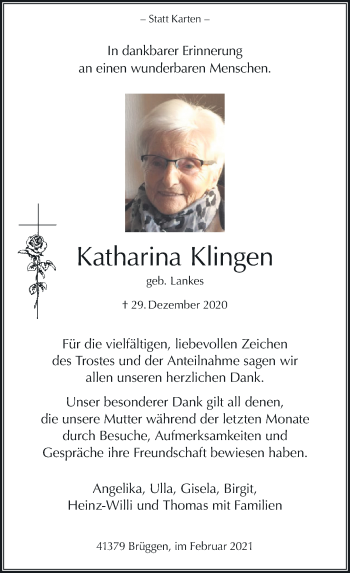 Traueranzeige von Katharina Klingen von trauer.extra-tipp-moenchengladbach.de