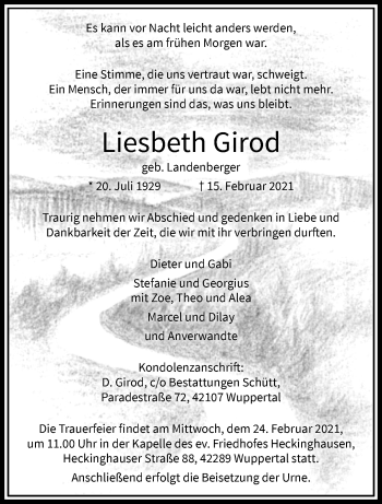 Traueranzeige von Liesbeth Girod von trauer.wuppertaler-rundschau.de