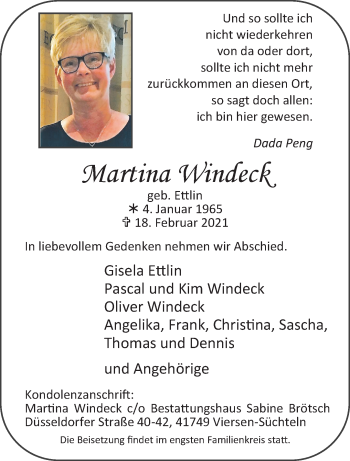 Traueranzeige von Martina Windeck von trauer.extra-tipp-moenchengladbach.de