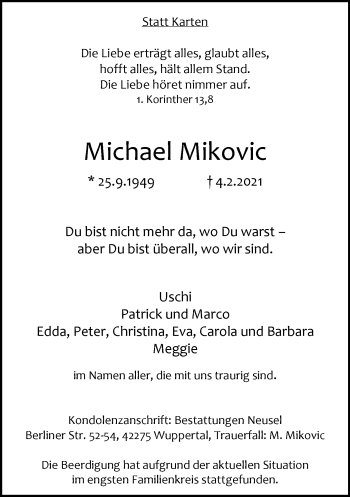 Traueranzeige von Michael Mikovic von trauer.wuppertaler-rundschau.de