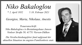 Traueranzeige von Niko Bakaloglou von trauer.extra-tipp-moenchengladbach.de
