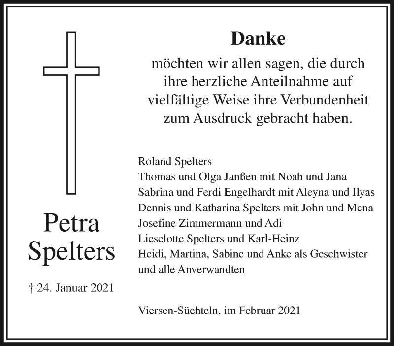  Traueranzeige für Petra Spelters vom 21.02.2021 aus trauer.extra-tipp-moenchengladbach.de