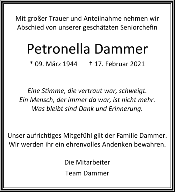 Traueranzeige von Petronella Dammer von trauer.extra-tipp-moenchengladbach.de