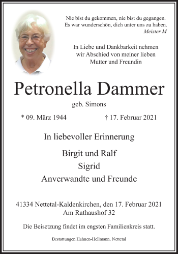 Traueranzeige von Petronella Dammer von trauer.extra-tipp-moenchengladbach.de