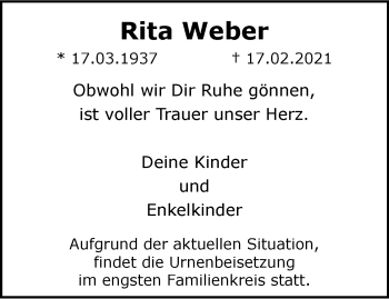 Traueranzeige von Rita Weber von trauer.wuppertaler-rundschau.de