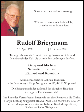 Traueranzeige von Rudolf Briegmann von trauer.wuppertaler-rundschau.de