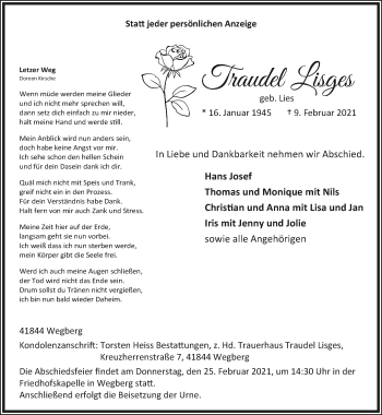 Traueranzeige von Traudel Lisges von trauer.extra-tipp-moenchengladbach.de