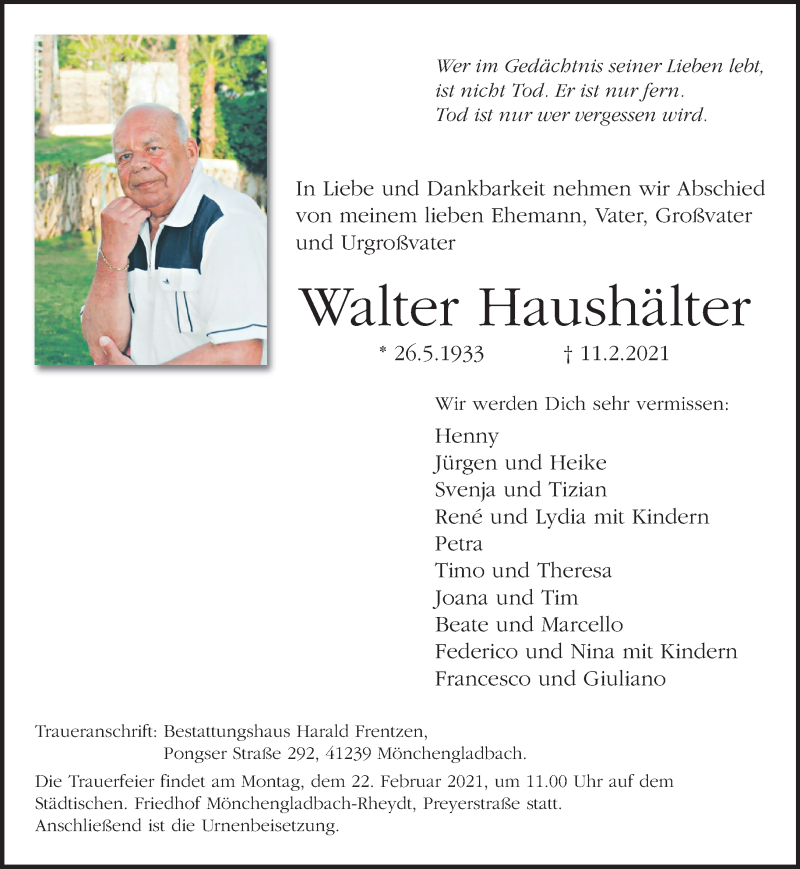 Traueranzeigen Von Walter Haushalter Trauer Und Gedenken