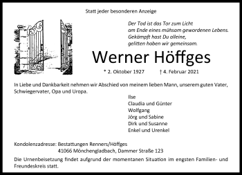 Traueranzeige von Werner Höffges von trauer.extra-tipp-moenchengladbach.de