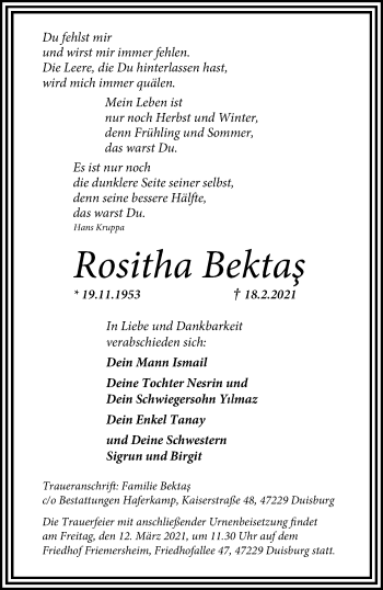 Traueranzeige von Rositha Bektas 