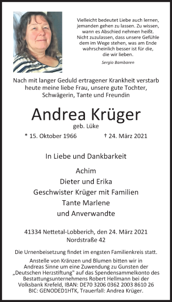 Traueranzeige von Andrea Krüger von trauer.extra-tipp-moenchengladbach.de