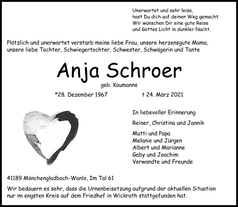  Traueranzeige für Anja Schroer vom 04.04.2021 aus trauer.extra-tipp-moenchengladbach.de