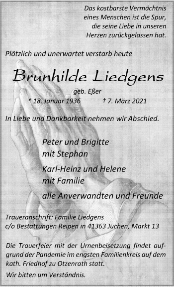 Traueranzeige von Brunhilde Liedgens von trauer.stadt-kurier.de