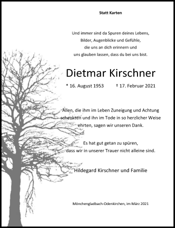 Traueranzeige von Dietmar Kirschner von trauer.extra-tipp-moenchengladbach.de