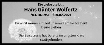 Traueranzeige von Hans Günter Wolfertz von trauer.wuppertaler-rundschau.de