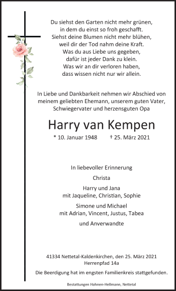 Traueranzeige von Harry van Kempen von trauer.extra-tipp-moenchengladbach.de