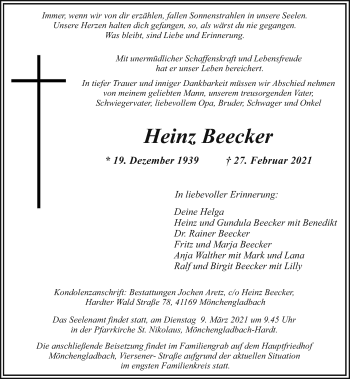 Traueranzeige von Heinz Beecker von trauer.extra-tipp-moenchengladbach.de