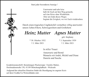 Traueranzeige von Heinz und Agnes Mutter von trauer.extra-tipp-moenchengladbach.de