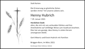 Traueranzeige von Henny Hubrich von trauer.extra-tipp-moenchengladbach.de