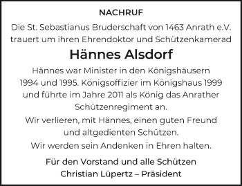 Traueranzeige von Hännes Alsdorf von trauer.extra-tipp-moenchengladbach.de