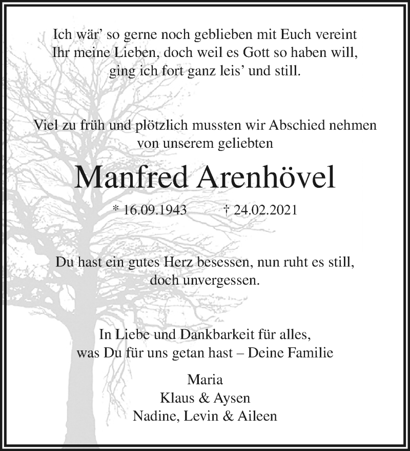  Traueranzeige für Manfred Arenhövel vom 07.03.2021 aus trauer.extra-tipp-moenchengladbach.de