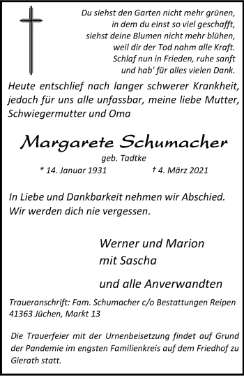 Traueranzeige von Margarete Schumacher von trauer.stadt-kurier.de