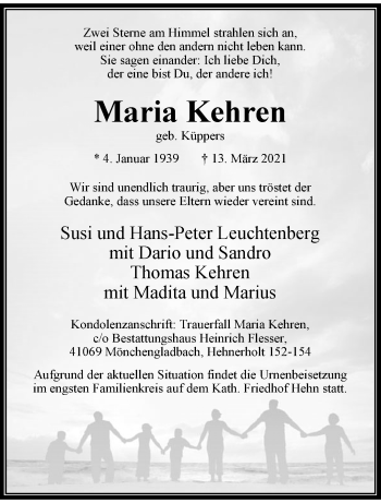 Traueranzeige von Maria Kehren von trauer.extra-tipp-moenchengladbach.de